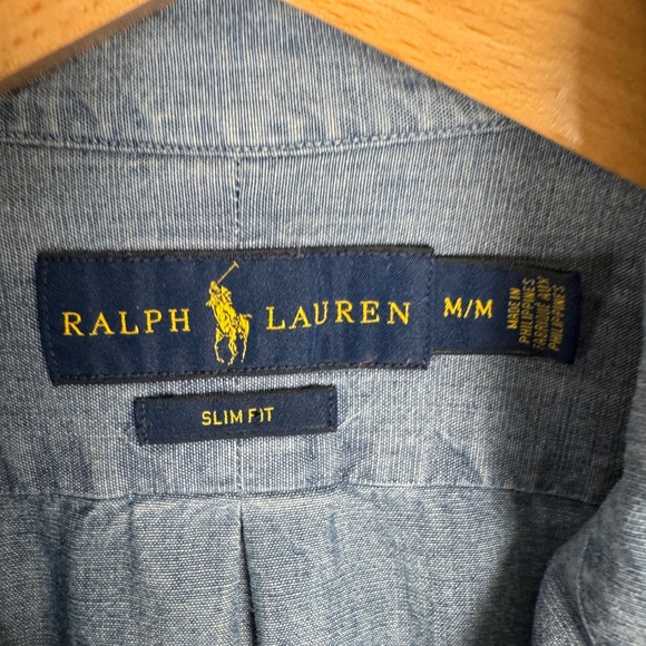 Ralph Lauren Slim Fit Chambray Button Down Shirt Mens M Blue Long Sleeve Logo - Picture 4 of 8
